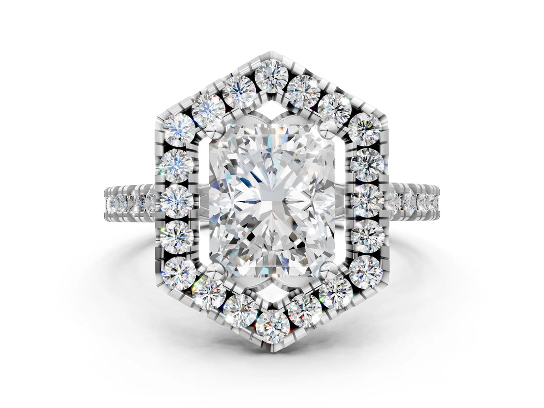 Silver Hexagonal Halo Radiant Cut Diamond Pavé Band with Four-Prong Setting_3