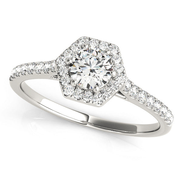 14K White Gold Hexagonal Halo 4.92 Carat E VVS2 Round Diamond Pavé Band with Four-Prong Setting