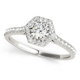 14K White Gold Hexagonal Halo 4.92 Carat E VVS2 Round Diamond Pavé Band with Four-Prong Setting