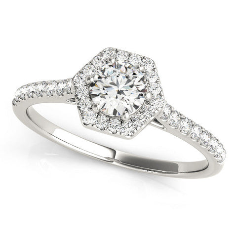 14K White Gold Hexagonal Halo 4.92 Carat E VVS2 Round Diamond Pavé Band with Four-Prong Setting