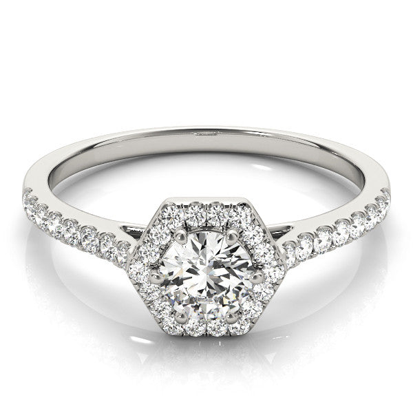 White gold Hexagonal Halo Round Diamond Pavé Band with Four-Prong Setting