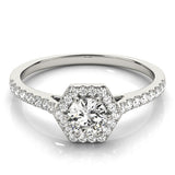 14K White Gold Hexagonal Halo 4.92 Carat E VVS2 Round Diamond Pavé Band with Four-Prong Setting