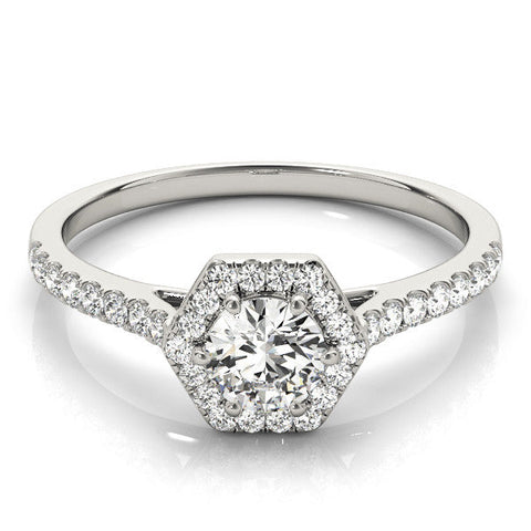 14K White Gold Hexagonal Halo 4.92 Carat E VVS2 Round Diamond Pavé Band with Four-Prong Setting