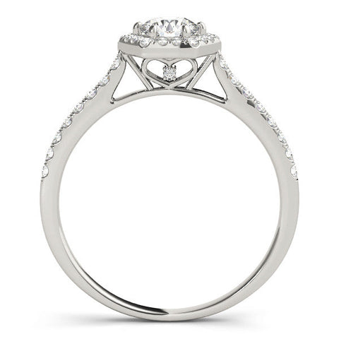 14K White Gold Hexagonal Halo 4.92 Carat E VVS2 Round Diamond Pavé Band with Four-Prong Setting