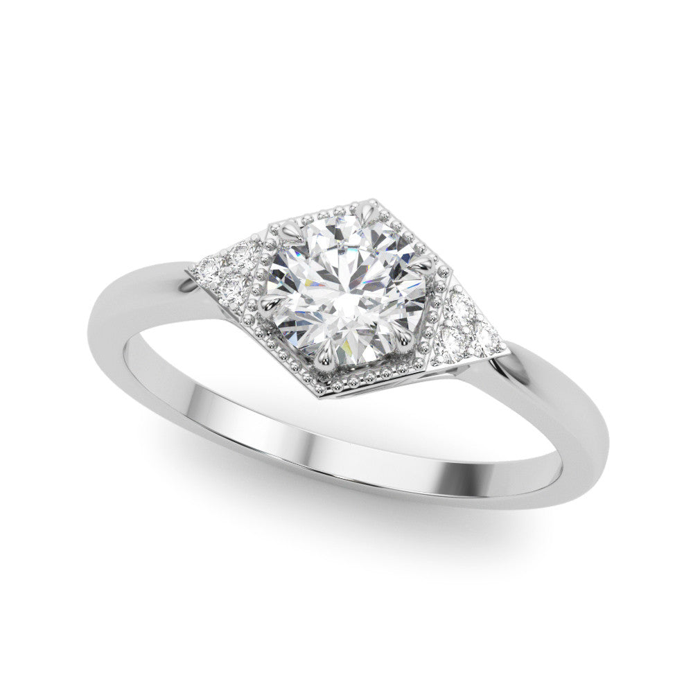 Silver Hexagonal Halo Round Diamond Solitaire with Pavé Band and Four-Prong Setting 1