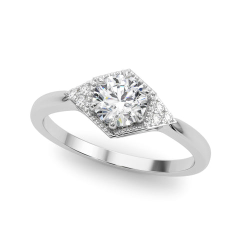 Silver Hexagonal Halo Round Diamond Solitaire with Pavé Band and Four-Prong Setting 1