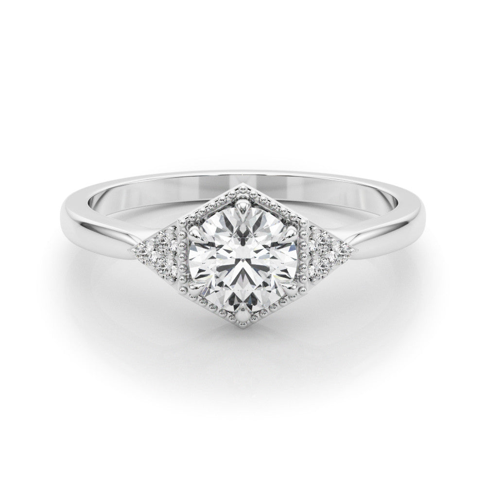 Silver Hexagonal Halo Round Diamond Solitaire with Pavé Band and Four-Prong Setting 2