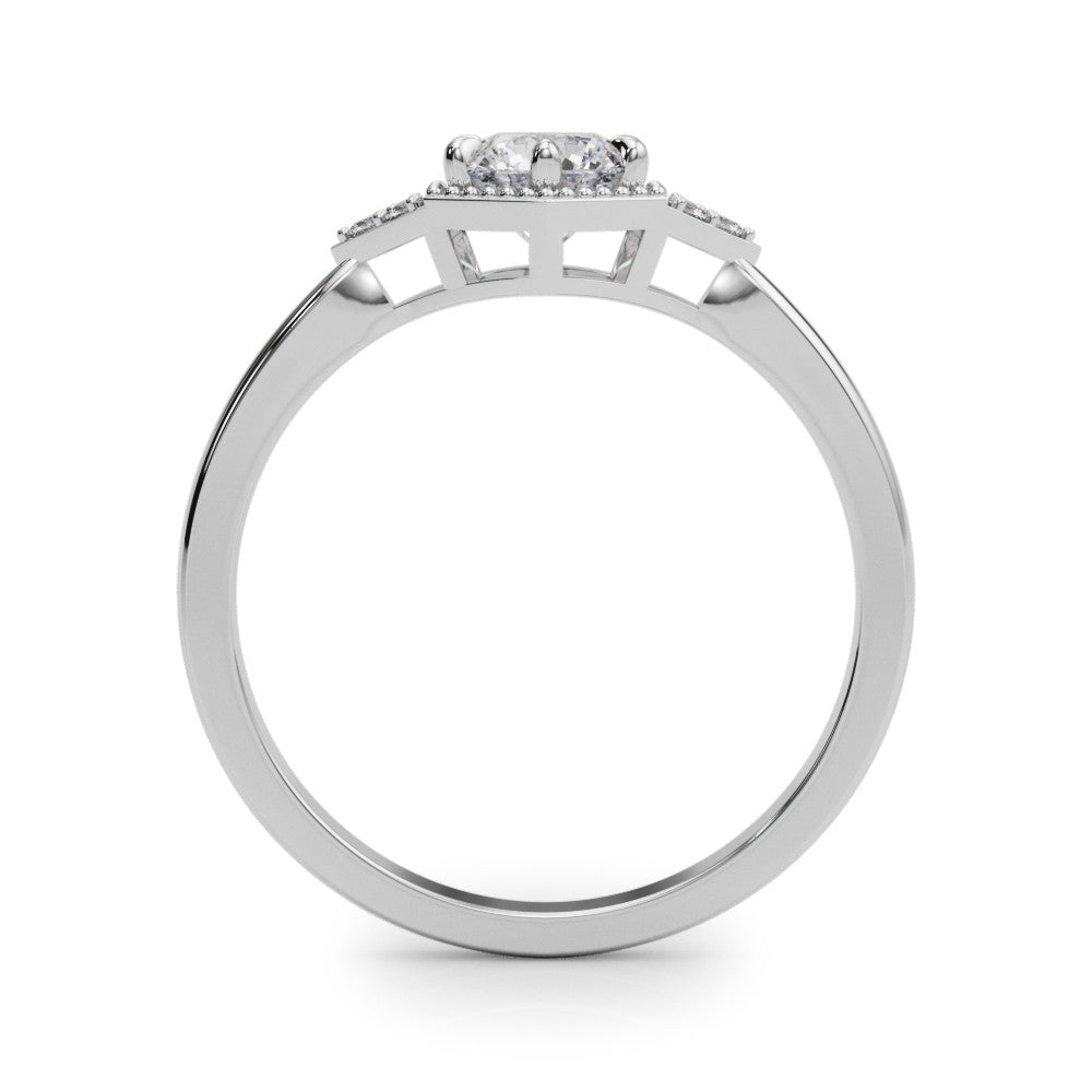 Silver Hexagonal Halo Round Diamond Solitaire with Pavé Band and Four-Prong Setting