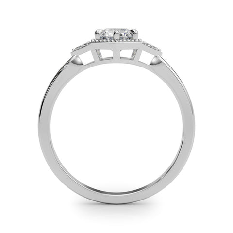Silver Hexagonal Halo Round Diamond Solitaire with Pavé Band and Four-Prong Setting