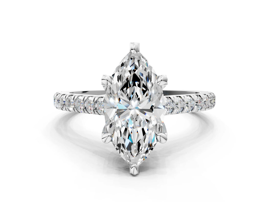 Silver Marquise Brilliant Diamond Solitaire with Pavé Band and Four-Prong Setting
