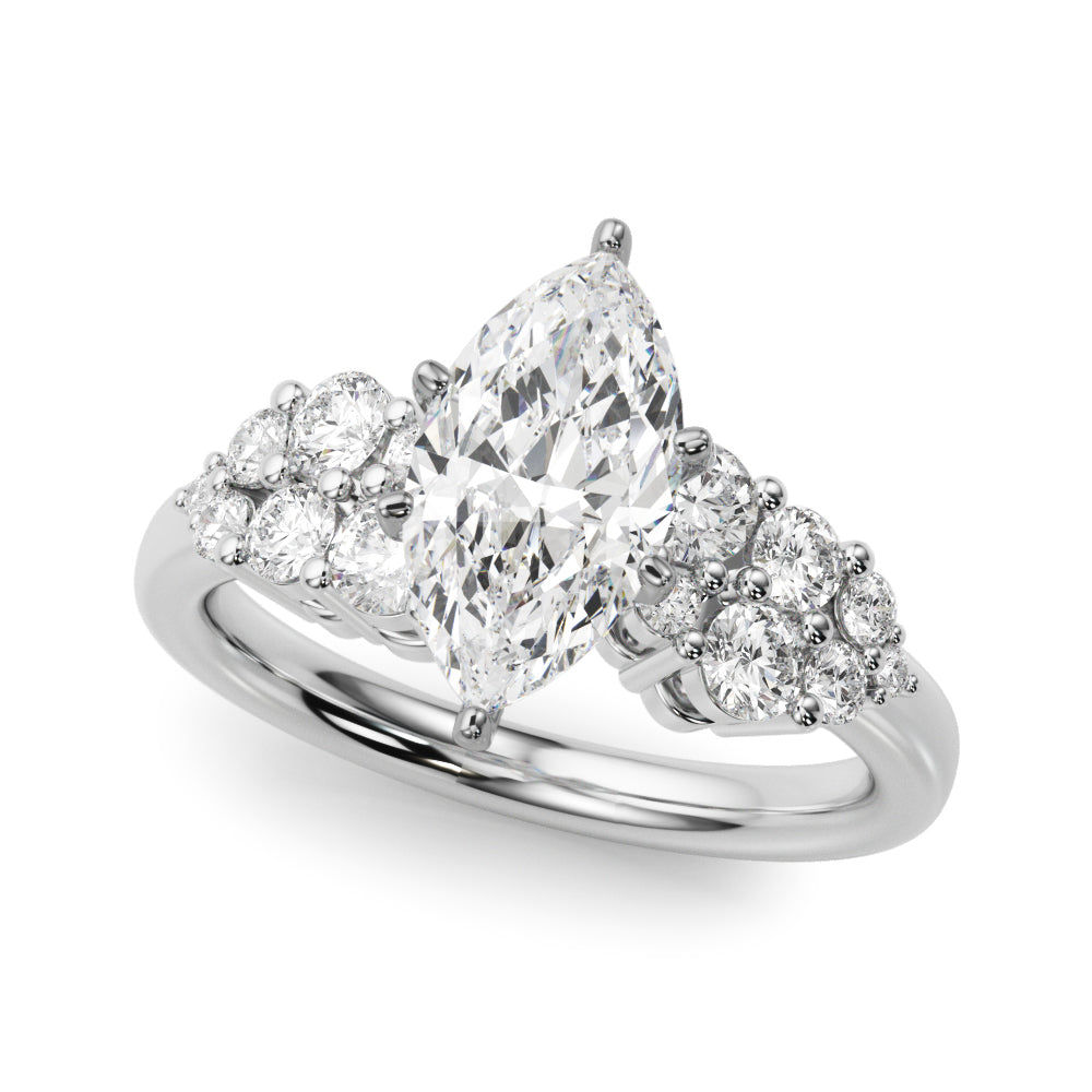 Silver Marquise Cluster Diamond Engagement Ring with Pavé Band and Four-Prong Setting 2