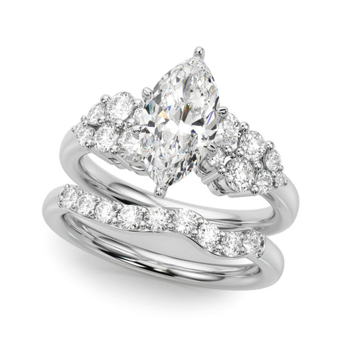 Silver Marquise Cluster Diamond Engagement Ring with Pavé Band and Four-Prong Setting