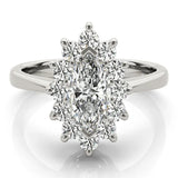 Silver Marquise Cluster Halo Diamond Ring with Solitaire Band and Prong Setting 1