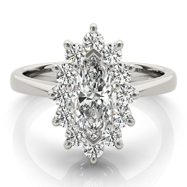 Silver Marquise Cluster Halo Diamond Ring with Solitaire Band and Prong Setting 2