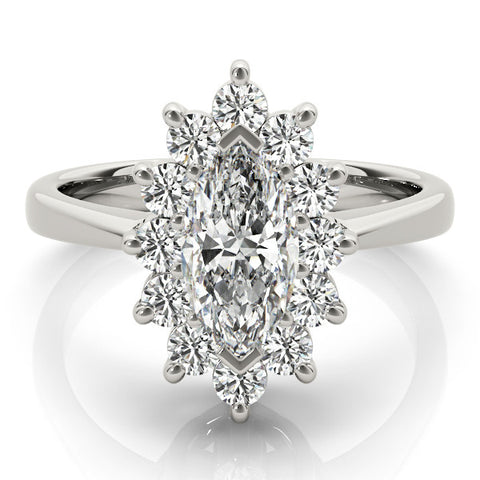 Silver Marquise Cluster Halo Diamond Ring with Solitaire Band and Prong Setting 2