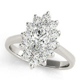 Silver Marquise Cluster Halo Diamond Ring with Solitaire Band and Prong Setting