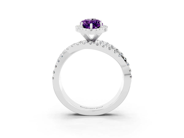 Sterling Silver Marquise Amethyst Halo Engagement Ring with Twisted Pave Split Shank