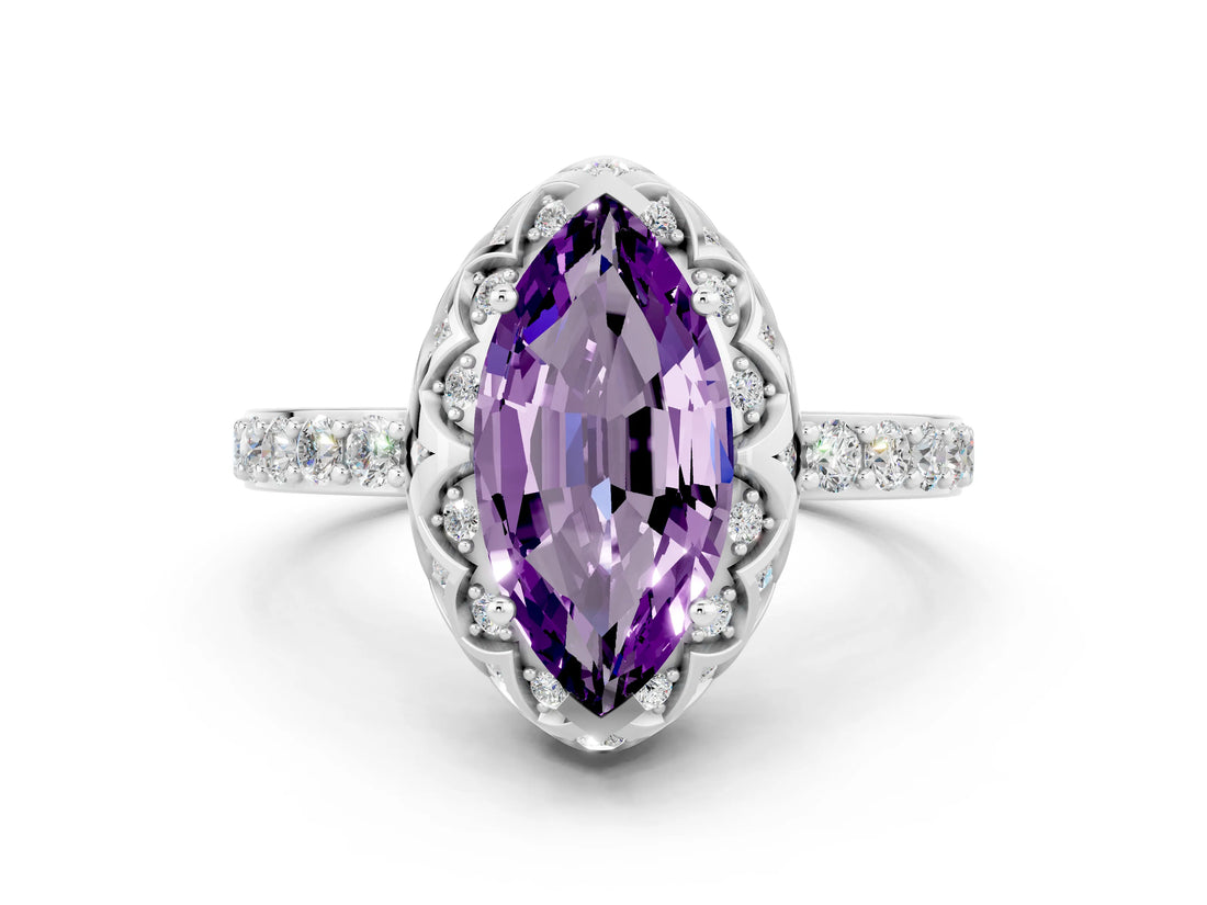 Silver Marquise Cut Amethyst Scalloped Halo Engagement Ring with Round Shared Prong Band_42