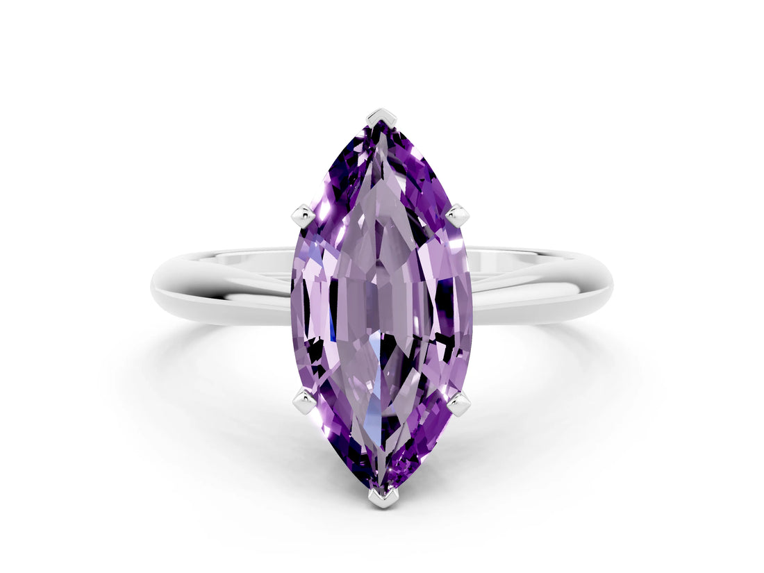 Silver Marquise Cut Amethyst Solitaire Engagement Ring with Cathedral Setting and Four-Prong Mount