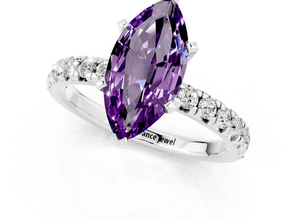 Silver Marquise Cut Amethyst Solitaire Pavé Engagement Ring with Round Band and Prong Setting