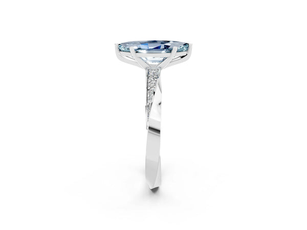 Silver Marquise Cut Aquamarine Engagement Ring with Side Stone Accents and Four-Prong Setting