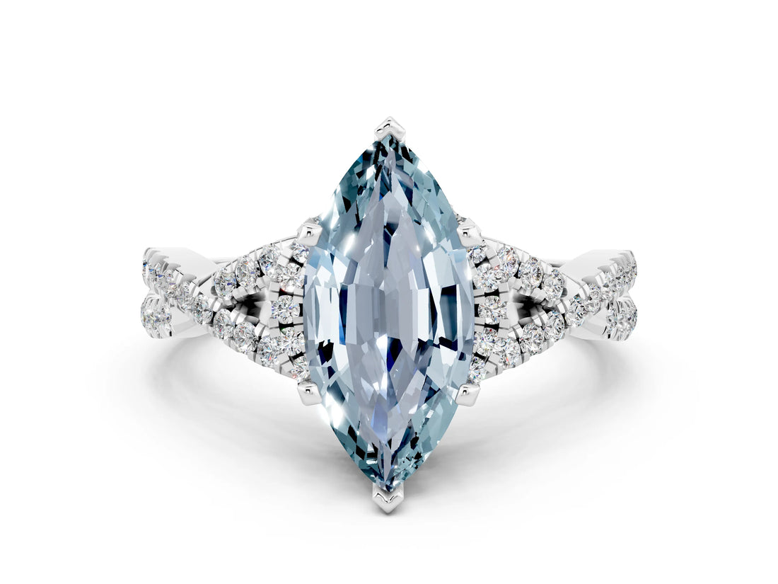 Silver Marquise Cut Aquamarine  Halo Twist Band Solitaire Prong Setting Ring_12