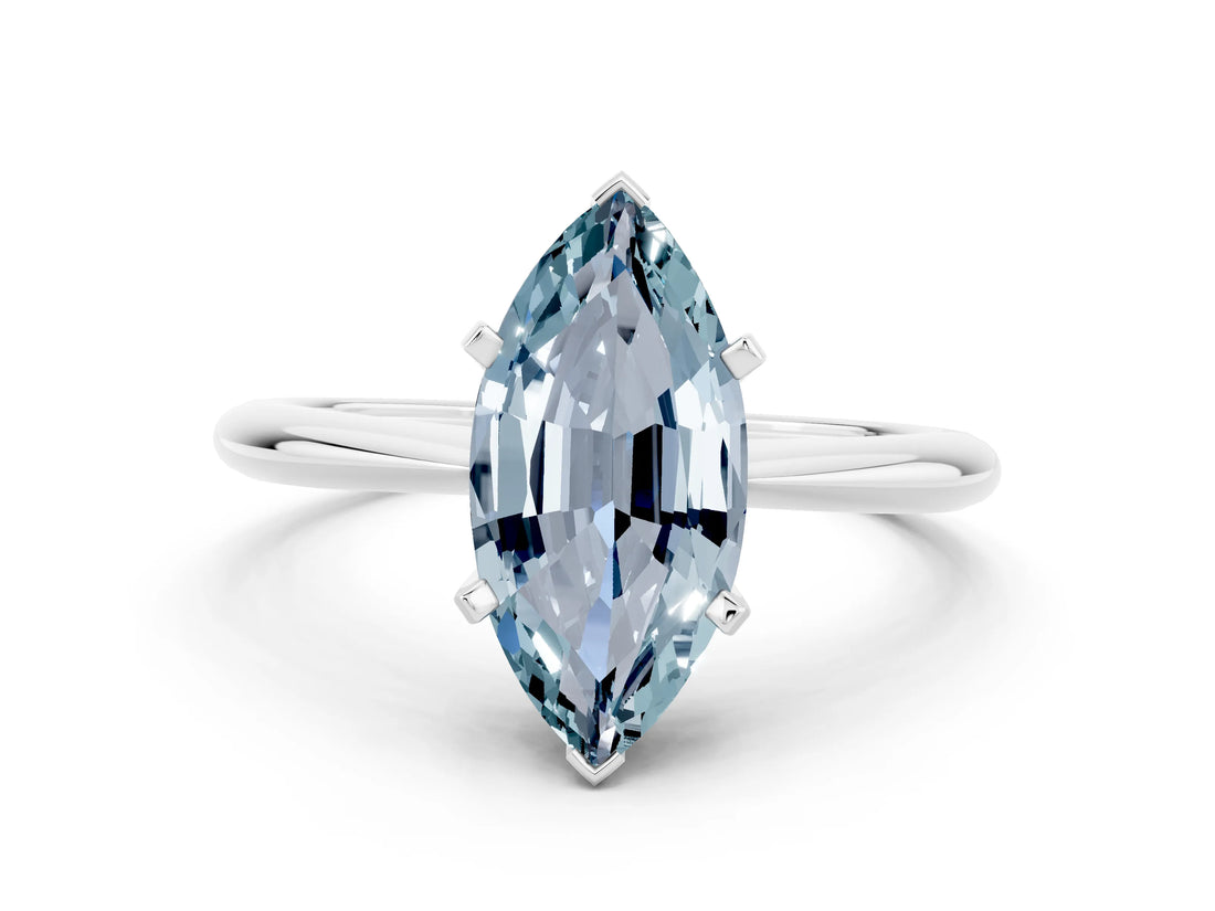 Silver Marquise Cut Aquamarine Solitaire Engagement Ring with Classic Band and Four-Prong Setting_12