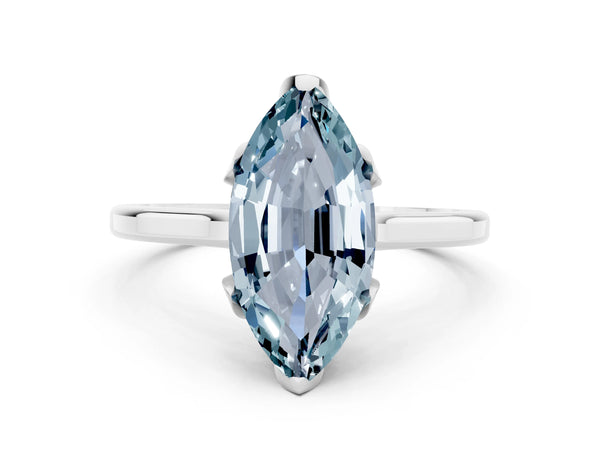 Sterling Silver Marquise Aquamarine Floral Solitaire Engagement Ring with Plain Band