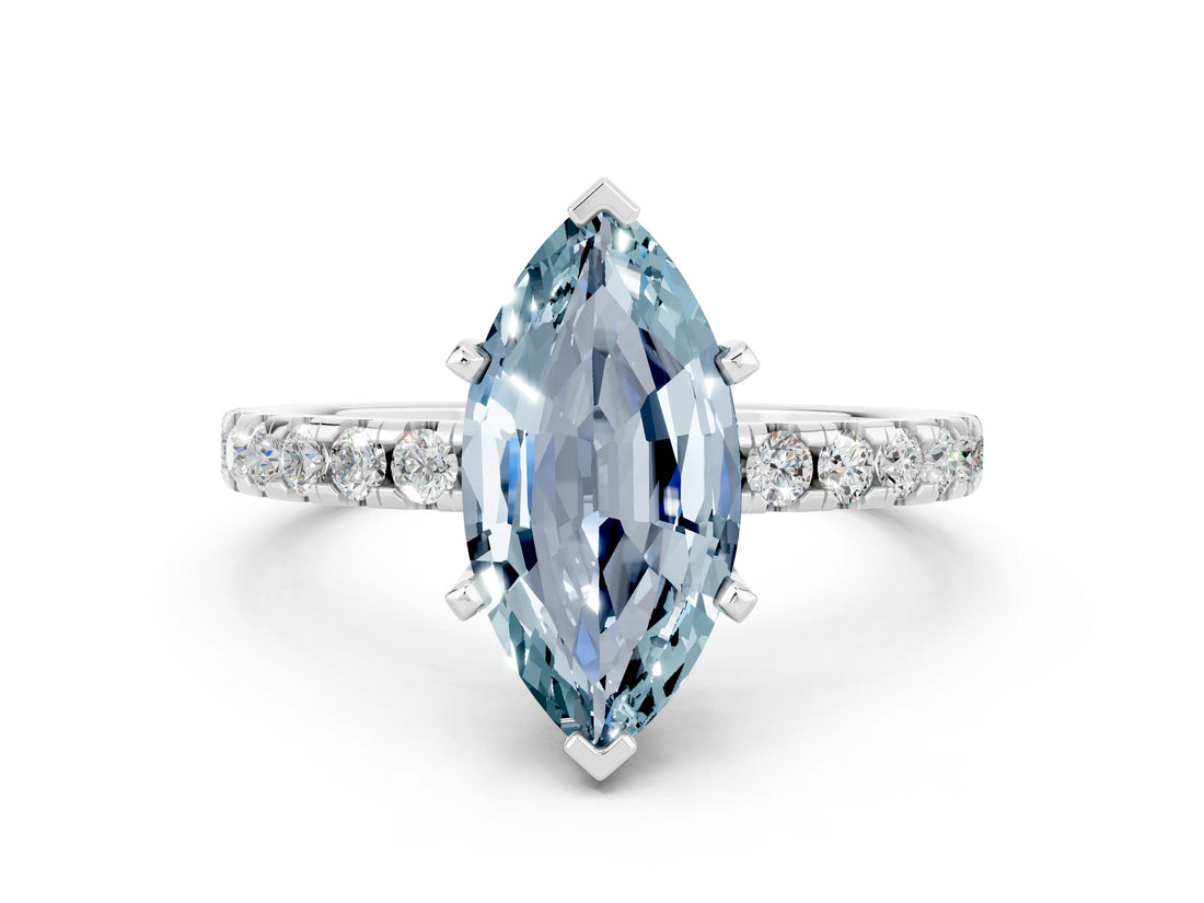 Silver Marquise Cut Aquamarine Solitaire Ring with Round  Pavé Band and Four-Prong Setting_24
