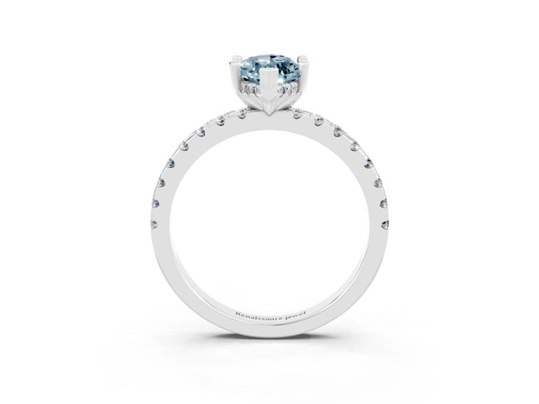 Silver Marquise Cut Aquamarine Solitaire Ring with Round Pavé Band and Four-Prong Setting
