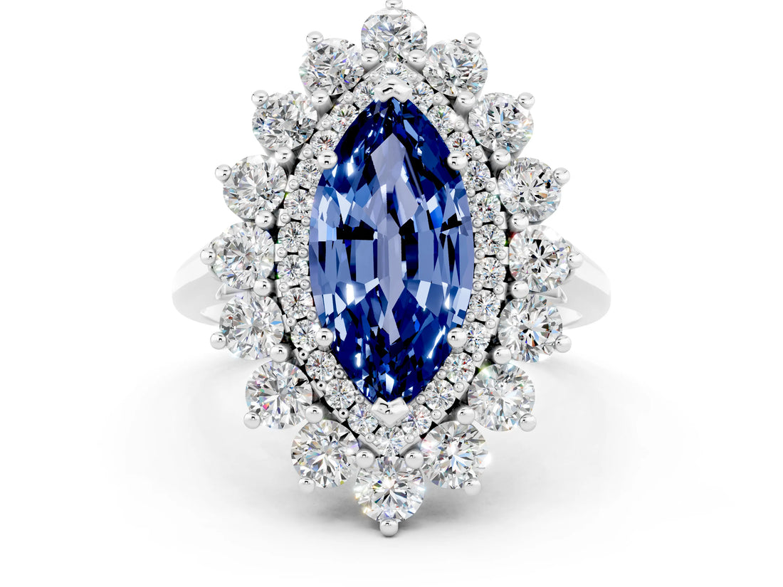 Silver Marquise Cut Blue Sapphire Floral Double Halo Engagement Ring with Prong Setting_138