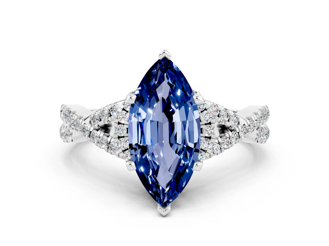 Silver Marquise Cut Blue Sapphire  Halo Twist Band Solitaire Prong Setting Ring_12