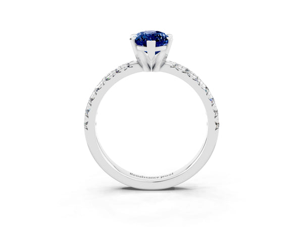 Silver Marquise Cut Blue Sapphire Solitaire Pavé Engagement Ring with Round Band and Prong Setting