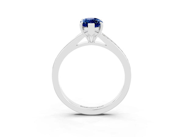 Silver Marquise Cut Blue Sapphire Solitaire Ring with Pavé Band and Prong Setting