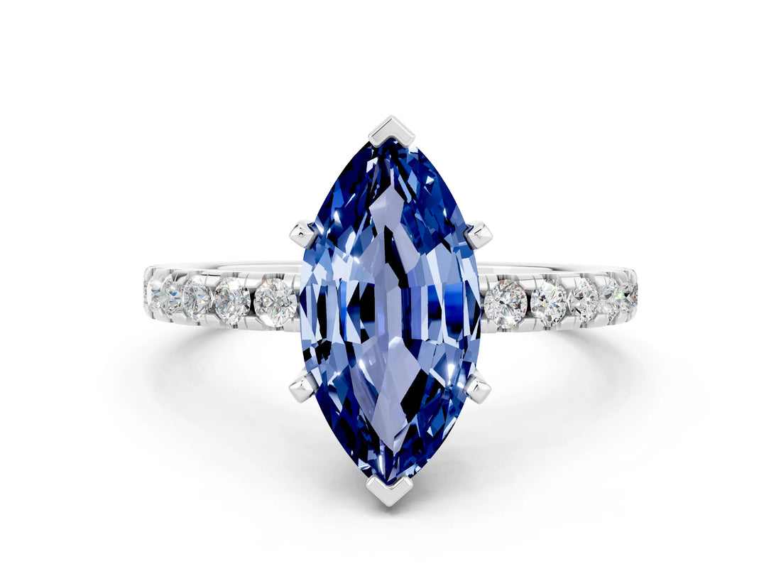 Silver Marquise Cut Blue Sapphire Solitaire Ring with Round  Pavé Band and Four-Prong Setting_24