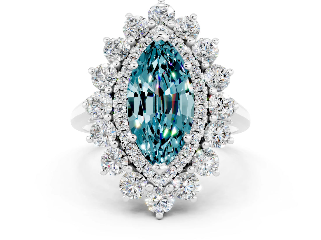 Silver Marquise Cut Blue Topaz Floral Double Halo Engagement Ring with Prong Setting_210