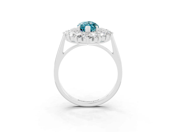 Silver Marquise Cut Blue Topaz Floral Double Halo Engagement Ring with Prong Setting