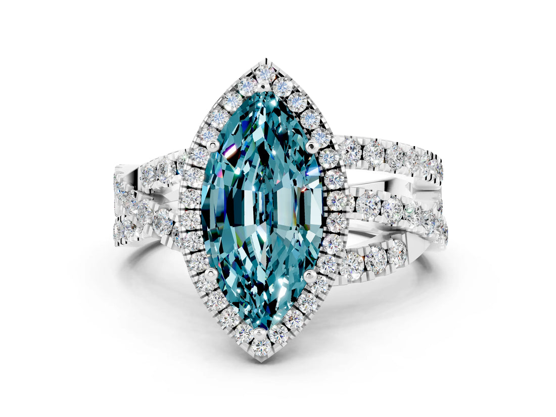 Silver Marquise Cut Blue Topaz Halo Ring with Round Split Shank and Prong Setting_66