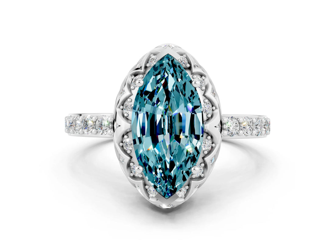 Silver Marquise Cut Blue Topaz Scalloped Halo Engagement Ring with Round Shared Prong Band_42