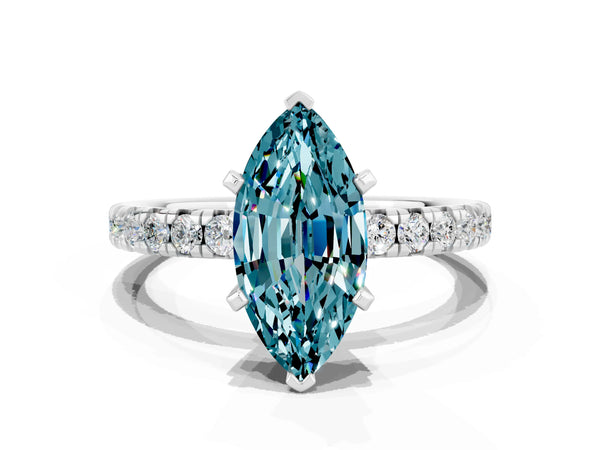 Silver Marquise Cut Blue Topaz Solitaire Pavé Engagement Ring with Round Band and Prong Setting