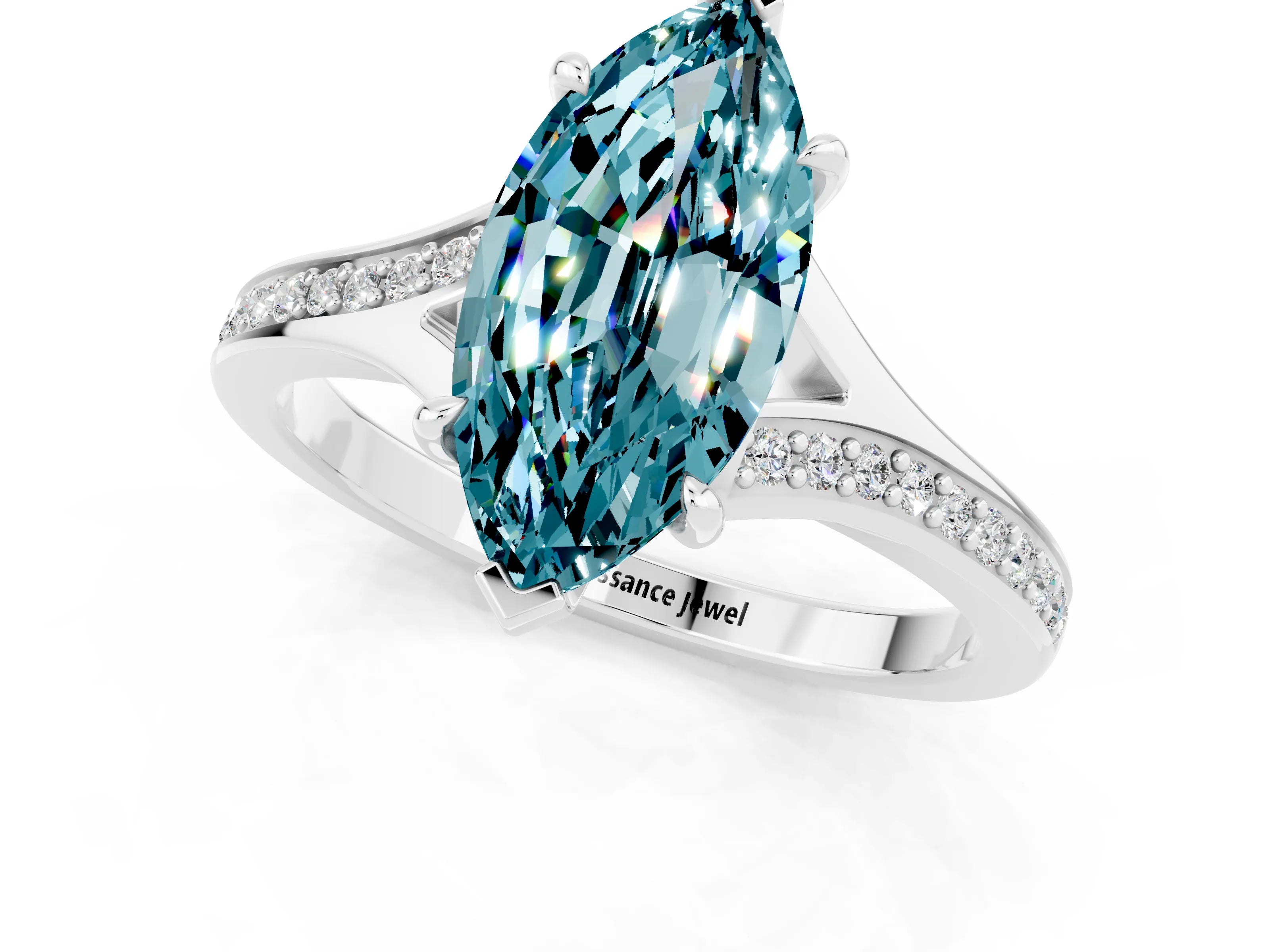 Silver Marquise Cut Blue Topaz Solitaire Ring with Pavé Band and Prong Setting_13