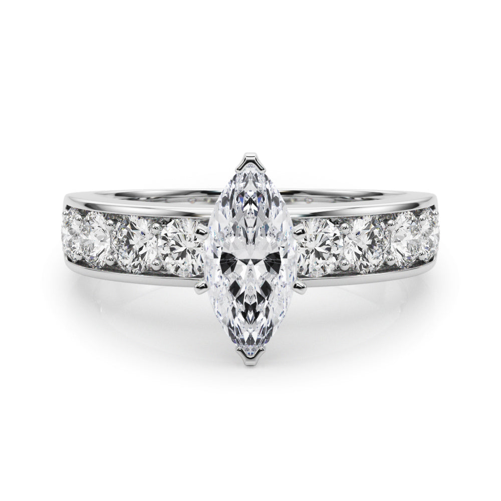 Silver Marquise Cut Channel Set Diamond Engagement Ring with Four-Prong Setting