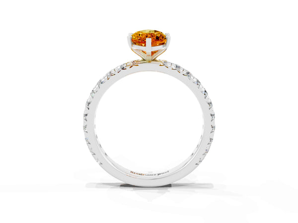Silver Marquise Cut Citrine Pavé Solitaire Ring with Round Band and Prong Setting