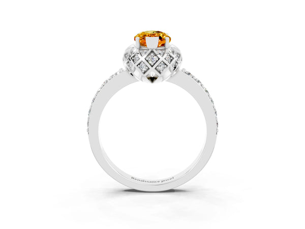 Silver Marquise Cut Citrine Scalloped Halo Engagement Ring with Round Shared Prong Band