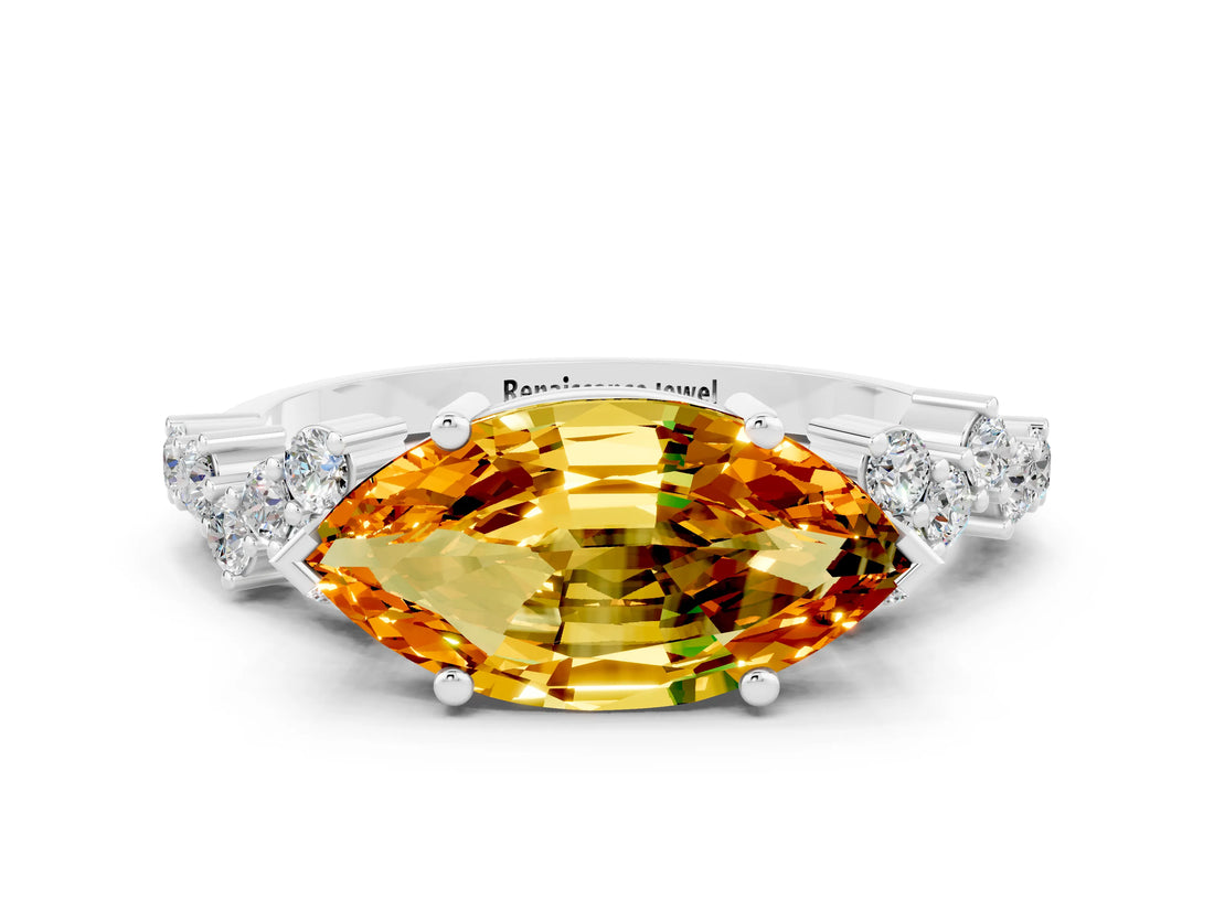 Silver Marquise Cut Citrine Scattered Round Accent Ring with Prong Setting_30