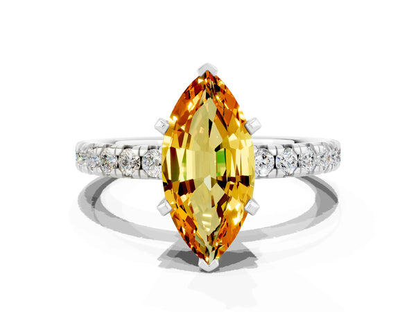 Silver Marquise Cut Citrine Solitaire Pavé Engagement Ring with Round Band and Prong Setting