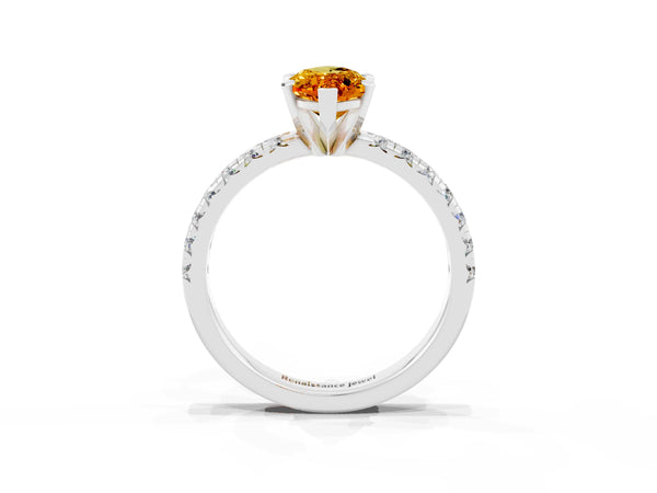 Silver Marquise Cut Citrine Solitaire Pavé Engagement Ring with Round Band and Prong Setting