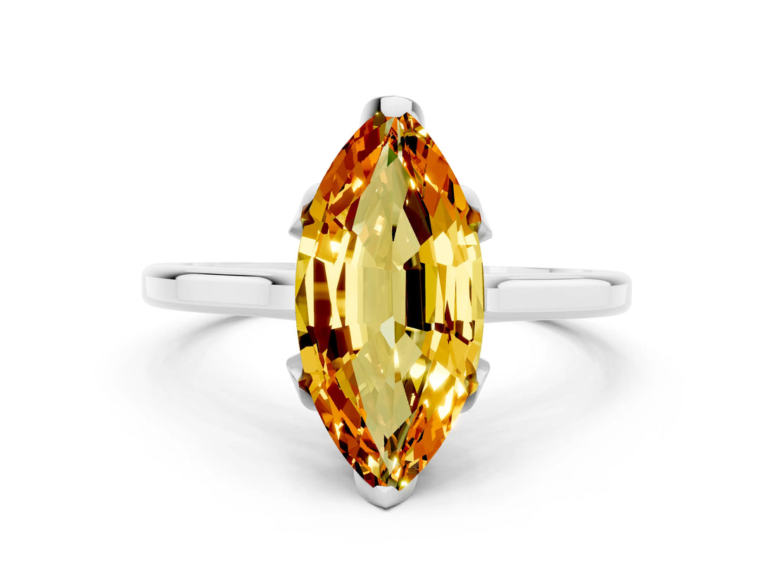Silver Marquise Cut Citrine Solitaire Ring with Flower Prong Setting and Classic Band_12