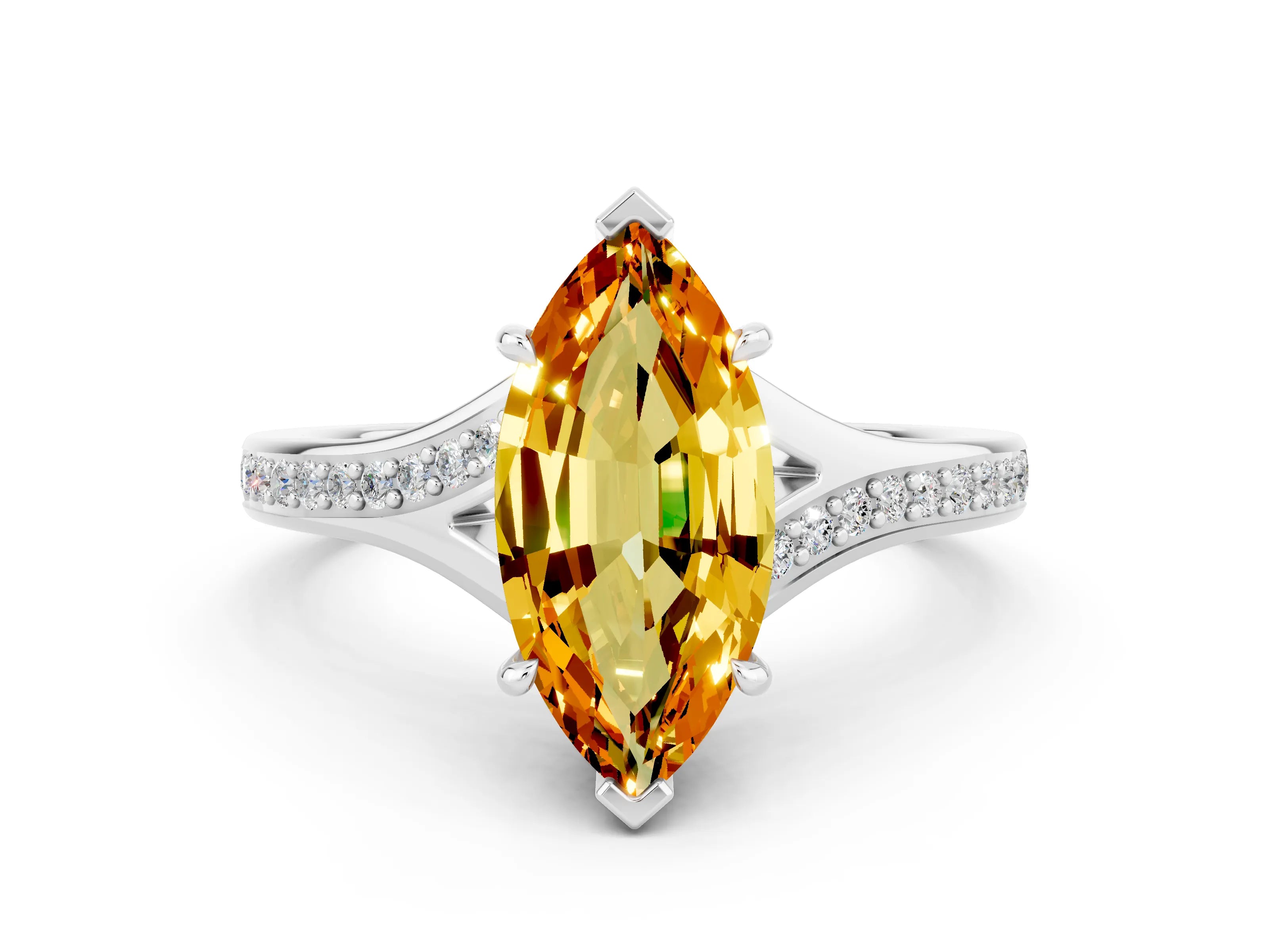 Silver Marquise Cut Citrine Solitaire Ring with Pavé Band and Prong Setting_12