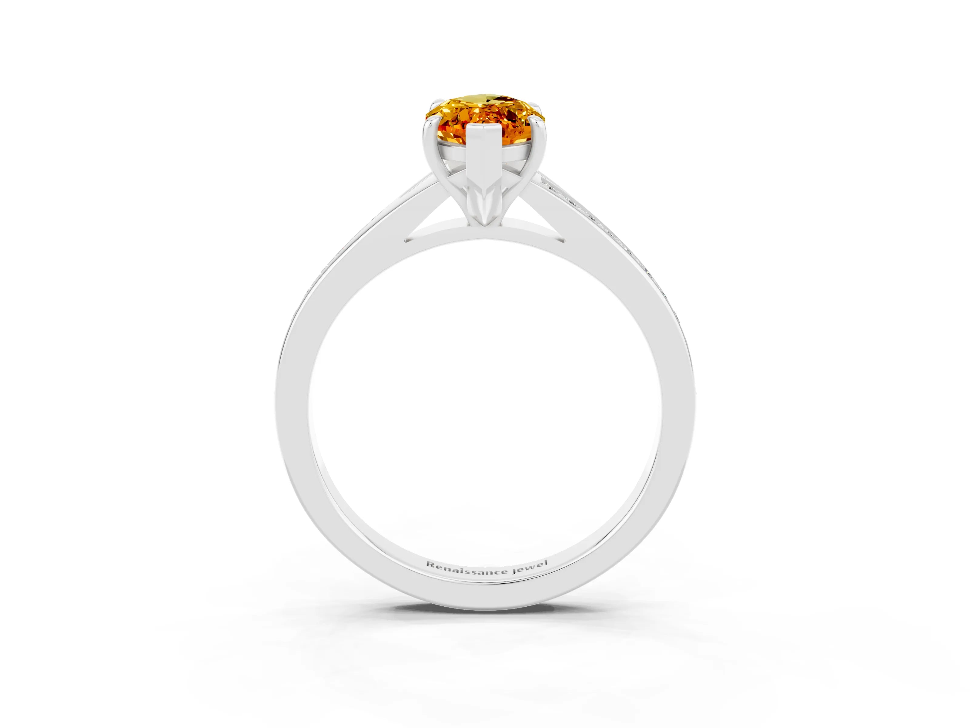 Silver Marquise Cut Citrine Solitaire Ring with Pavé Band and Prong Setting_15